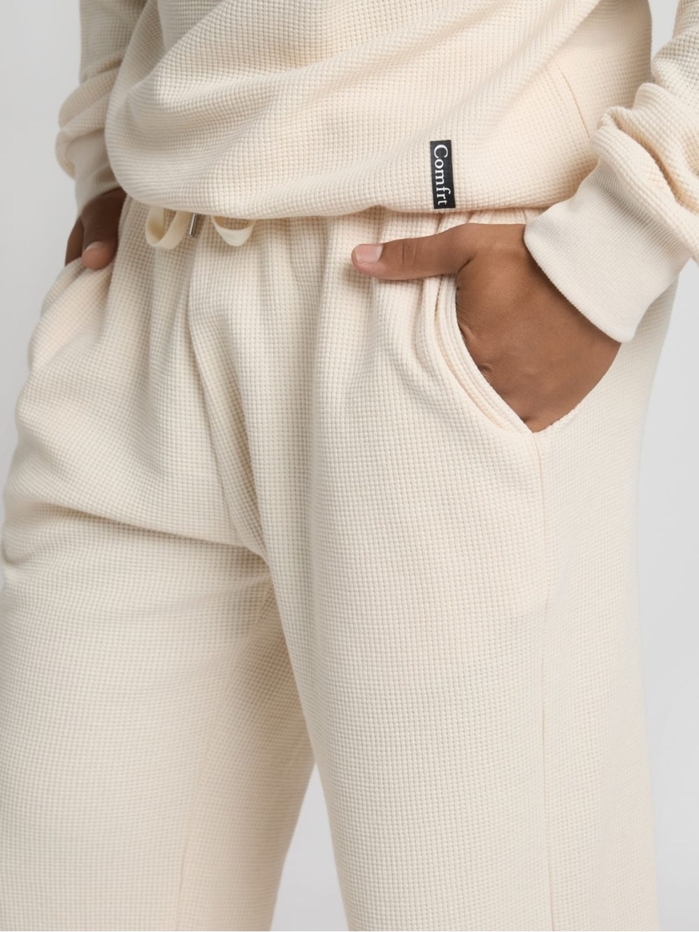 Comfrt Unisex Waffle Knit Lounge Pant High Rise in Ivory Size Large Loungewear - Picture 4 of 11